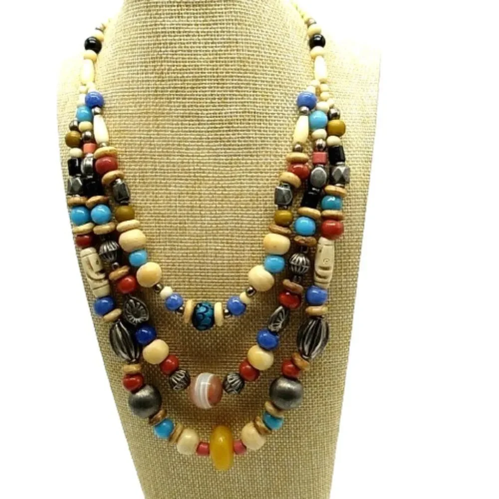 Statement Necklace 3 Strand  Nickle-free Metal, Resin, Glass and Wood beads 18